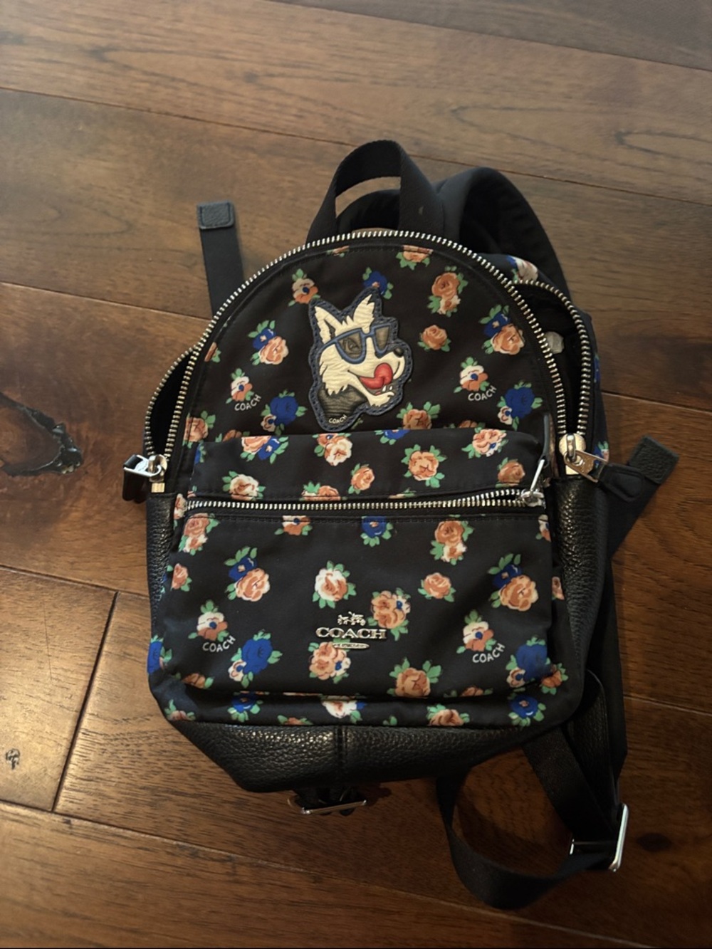 Coach Black Mini Backpack with Pink and Blue Floral Print